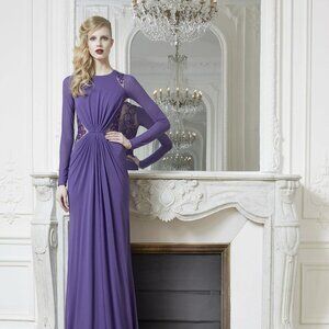 NWT$3740 Zuhair Murad US 8 M Purple Long Sleeve Jersey Evening Gown Dress Beaded